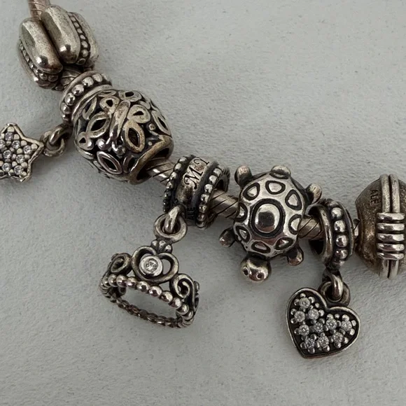 Pandora Silver Snake Charm Bracelet with Heart , Tiara, & Star - Picture 4 of 4